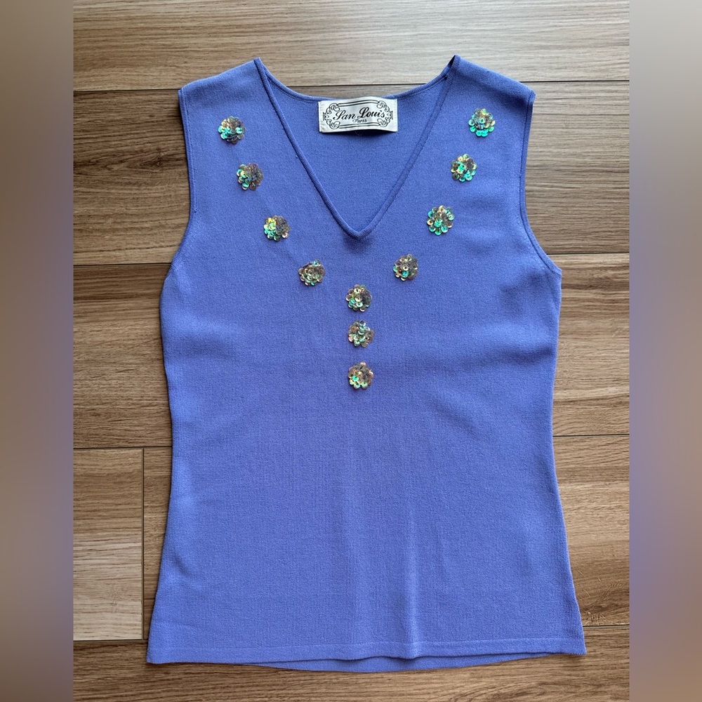 Vintage Sequin Embellishment Fitted Blue & Gold V-neck Tank Top